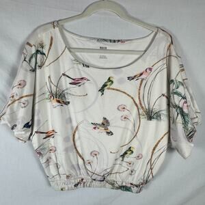 Anthropologie Maeve Top Womens XXS Birds Cropped Bubble Hem Dolman Sleeves Lined